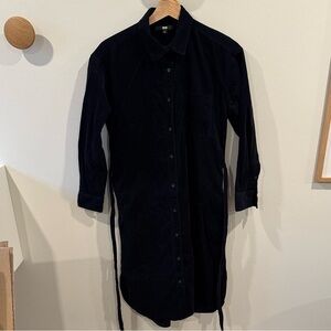 Uniqlo Women’s Corduroy Button Down Fitted Shirt Dress Navy Waist Belt Size S